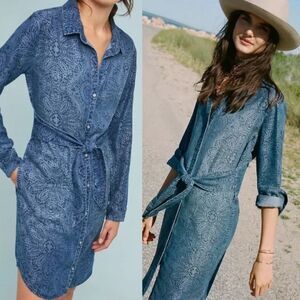 Anthropologie Cloth & Stone Printed Chambray Tie Waist Shirtdress Petite Medium